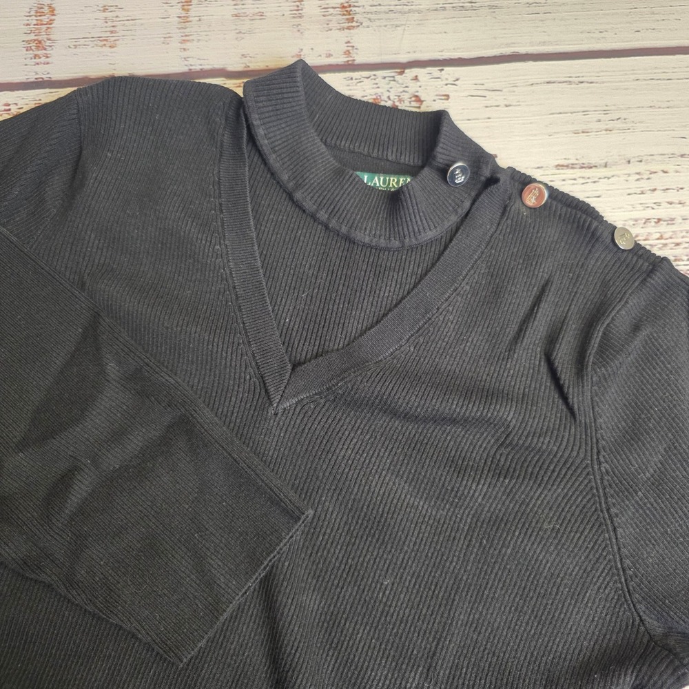 Lauren Ralph Lauren Black Ribbed Cutout V-Neck Button Shoulder Sweater 3X Choker